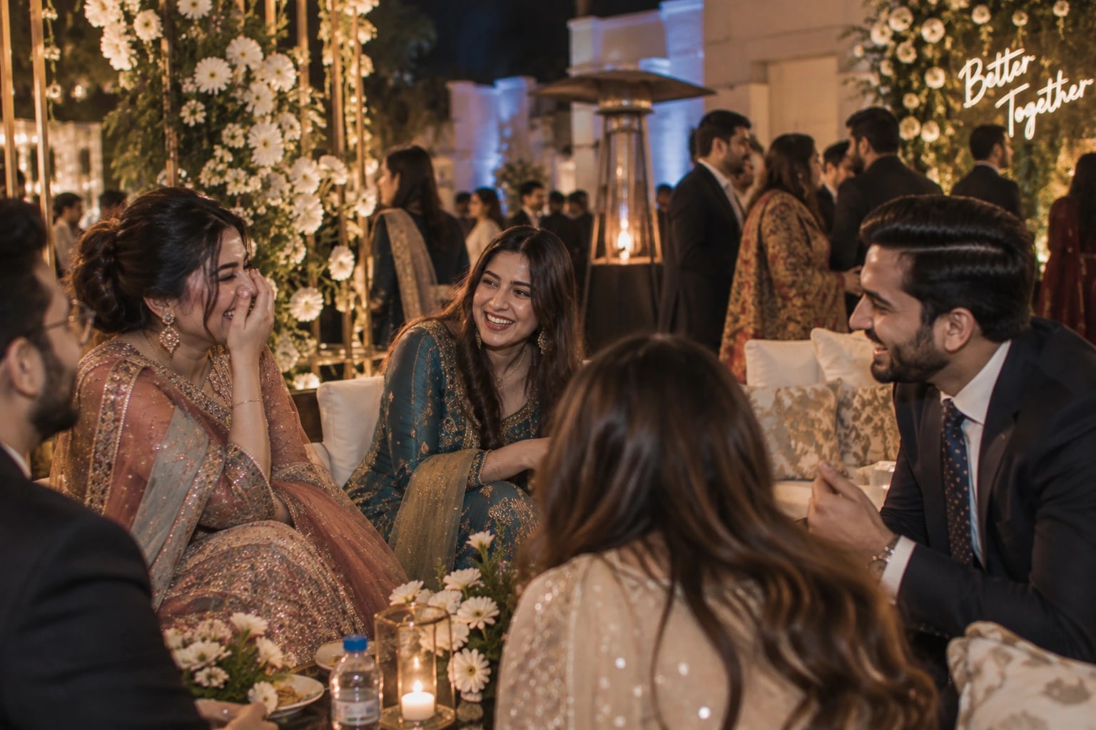 Guests laughing around a candlelit table