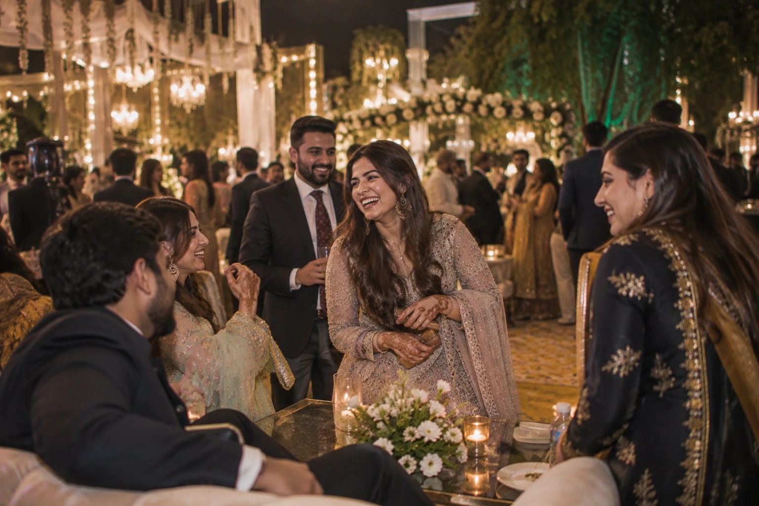 Guests talking in front of a floral backdrop