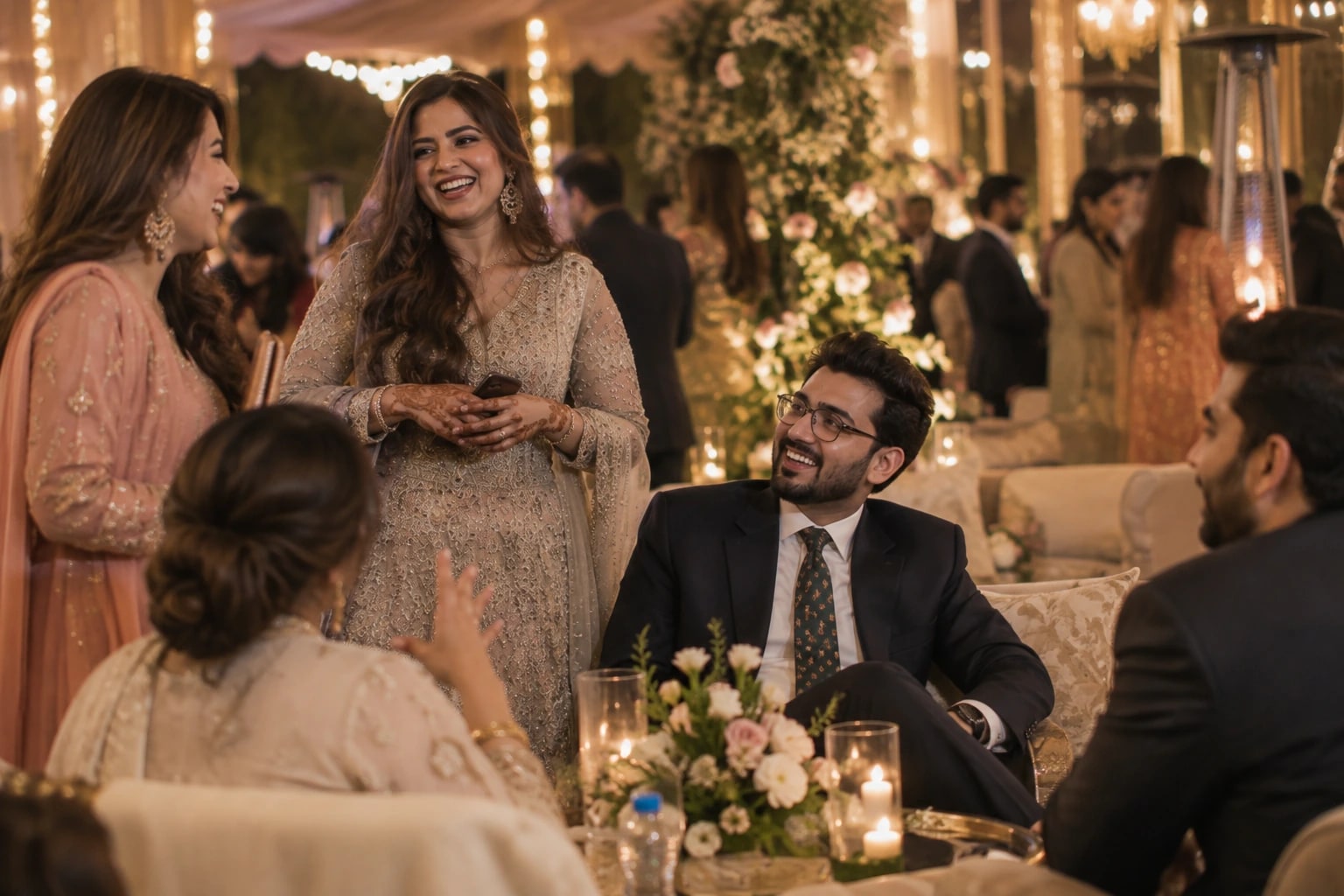 Two guests in conversation at a reception table